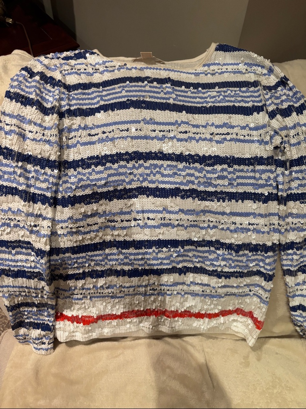 White & Blue Sequin Striped Top with Red stripe on bottom